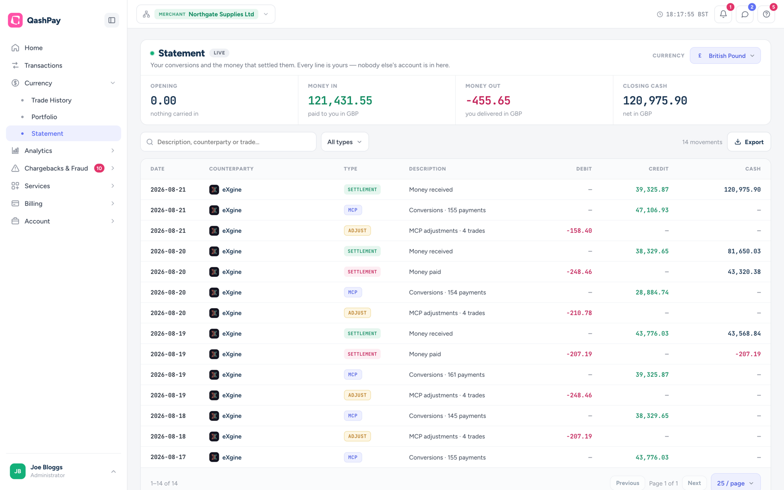 The eXgine Statement screen in QashPay, setting a merchant's conversions beside the money that settled them: opening balance, money in, money out and closing cash, above a dated ledger of settlement, MCP conversion and adjustment entries.